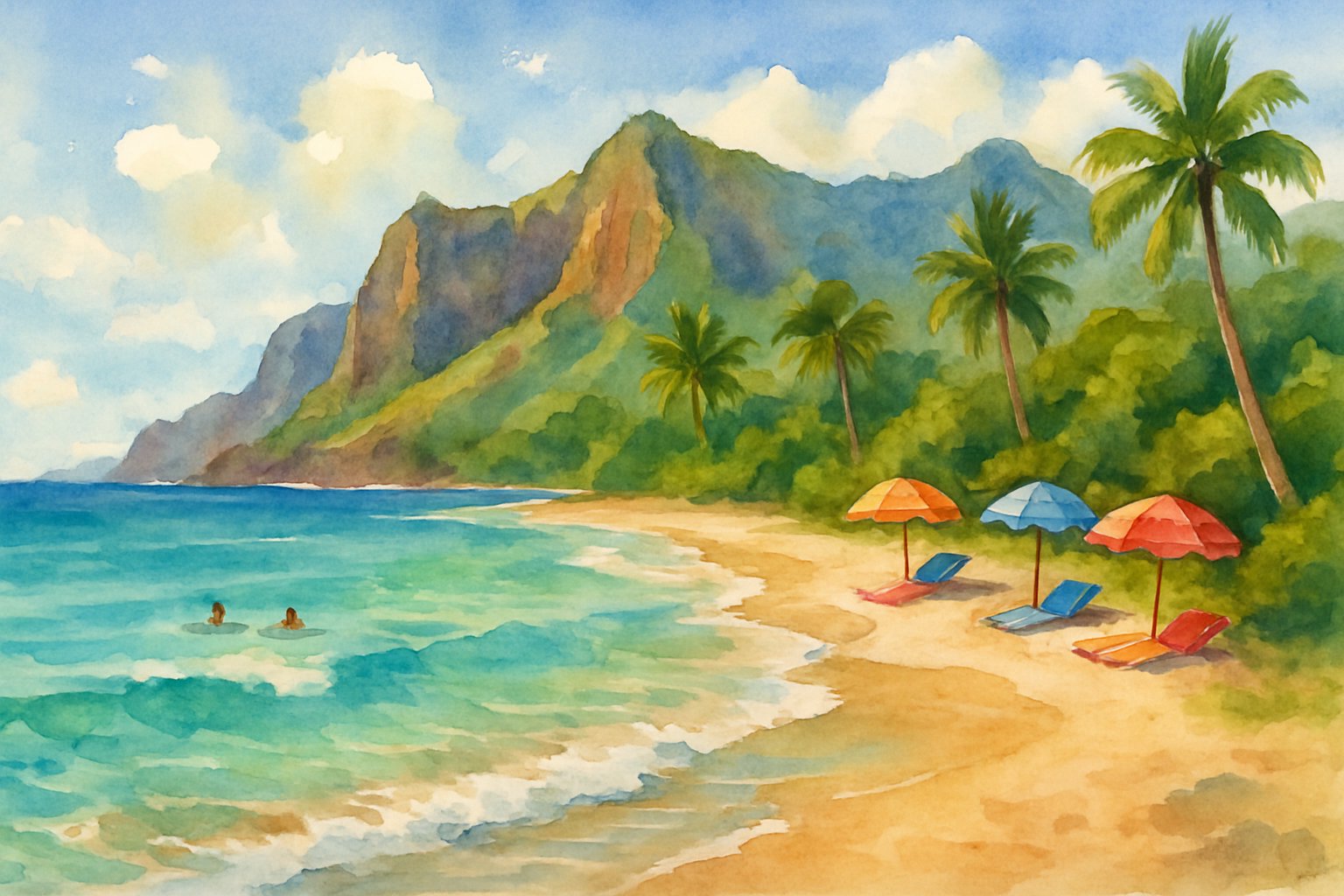 A peaceful beach with clear turquoise water, golden sand, palm trees, and distant cliffs under a bright sky with a few swimmers in the water.