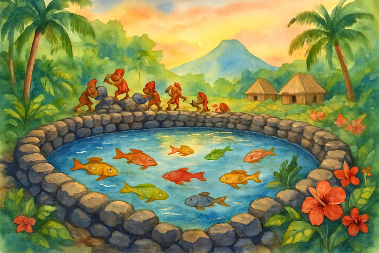 A tropical fishpond surrounded by stone walls and lush greenery, with small figures working near the water under a sunrise sky.