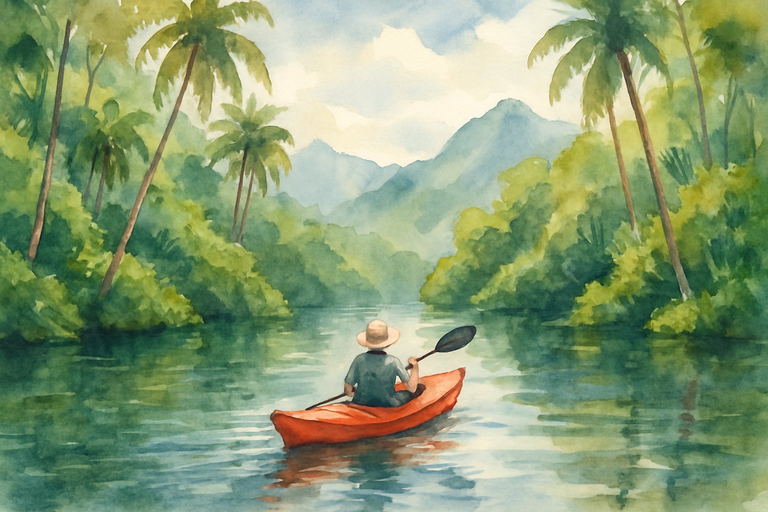A person kayaking on a calm tropical river surrounded by green trees and mountains in the background.