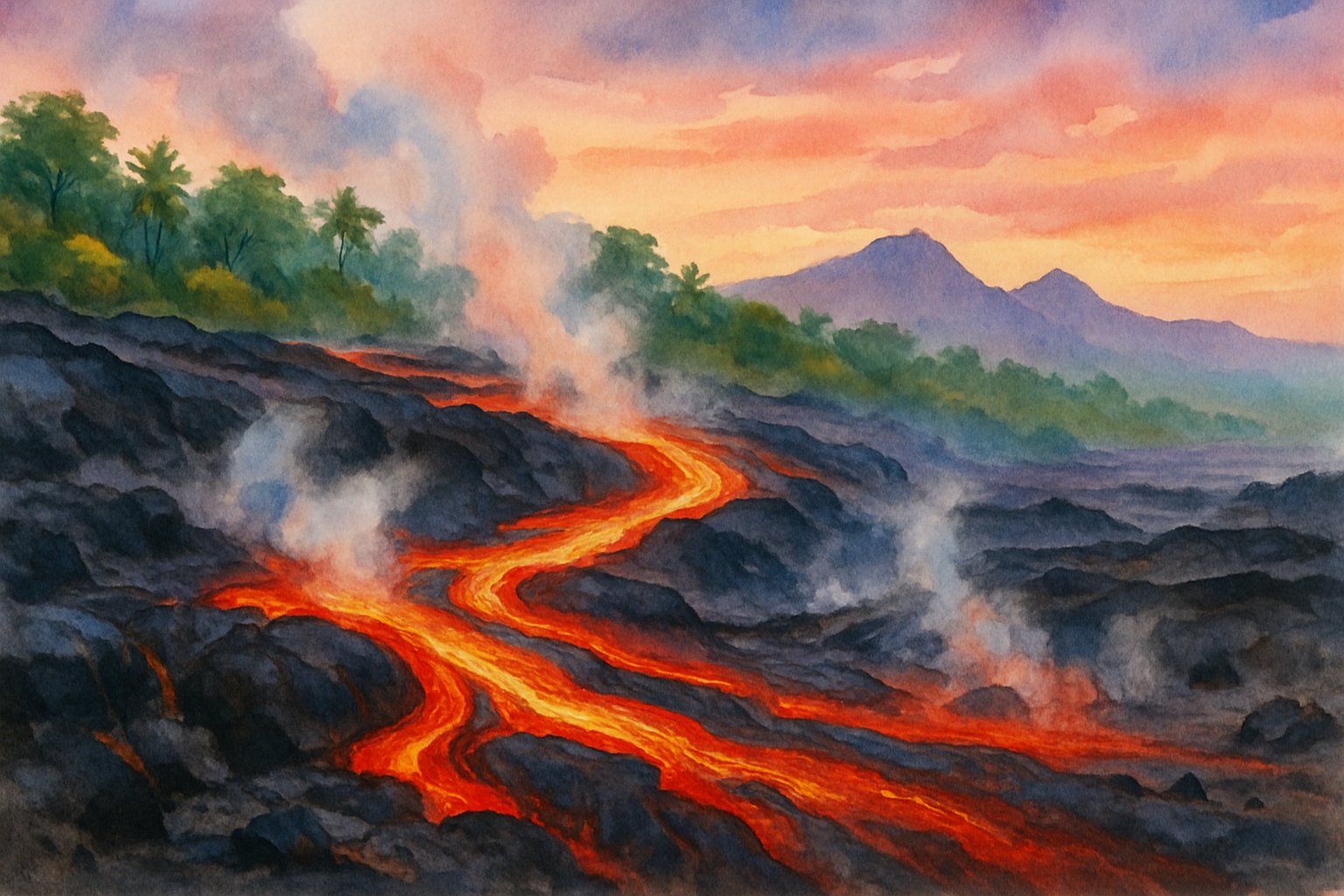 A volcanic landscape showing glowing lava flowing over dark rocks with green plants nearby and a colorful sunset sky in the background.