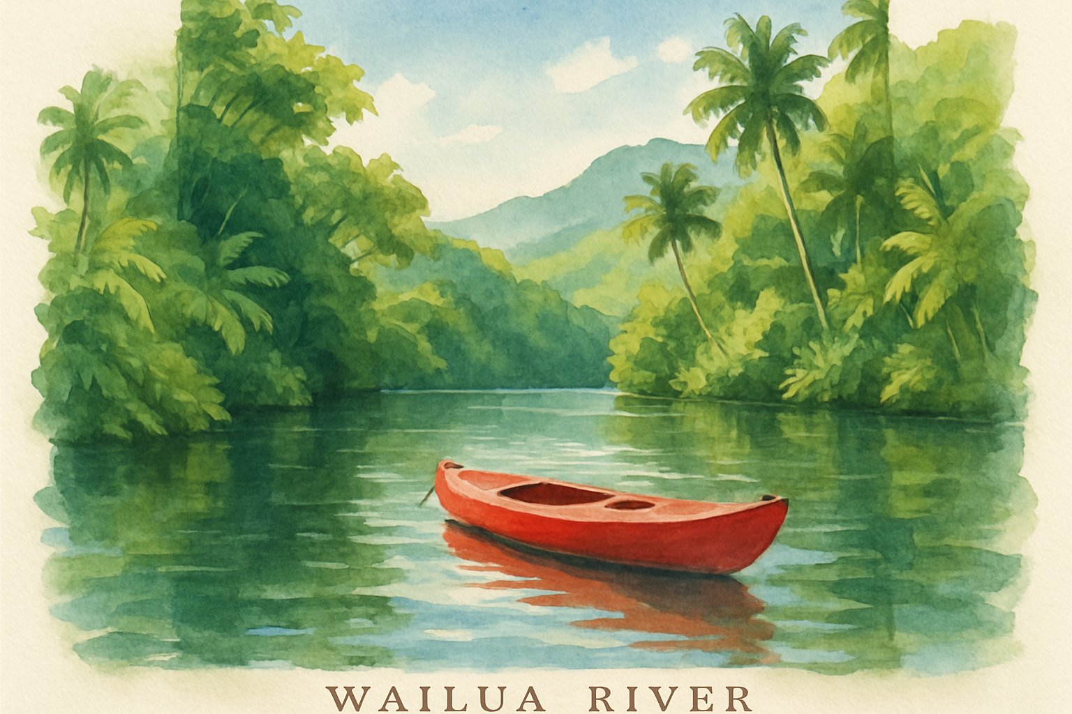 A calm river surrounded by lush green trees with a red kayak floating on the water under a blue sky.