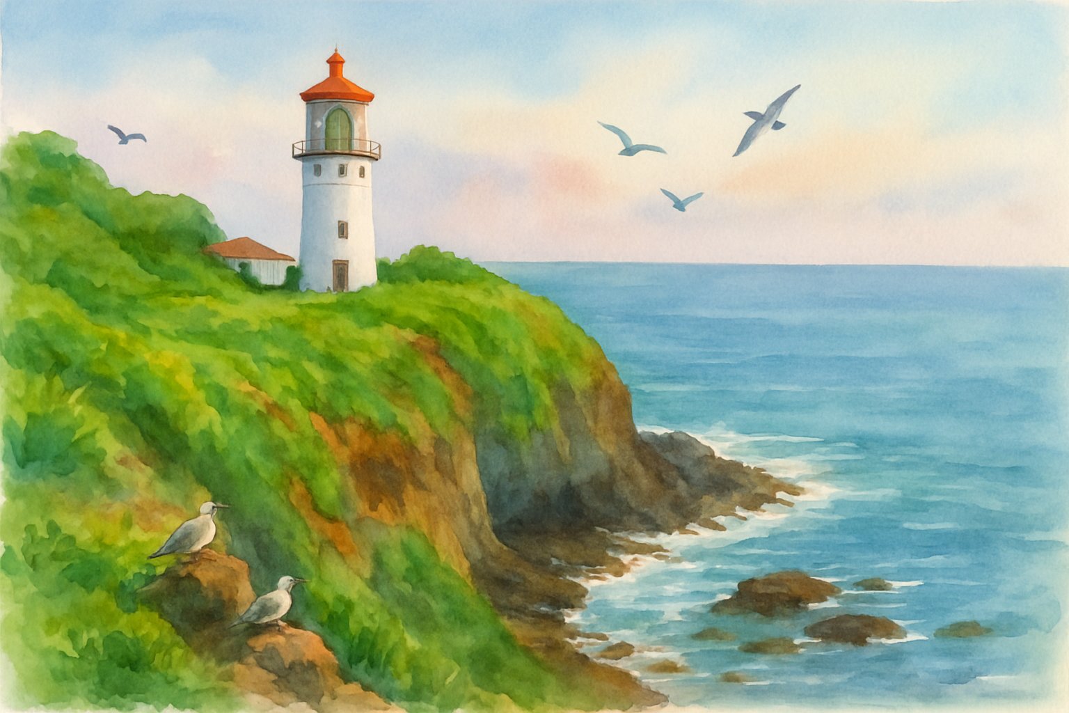A lighthouse on a cliff by the ocean with green grass and seabirds flying nearby.