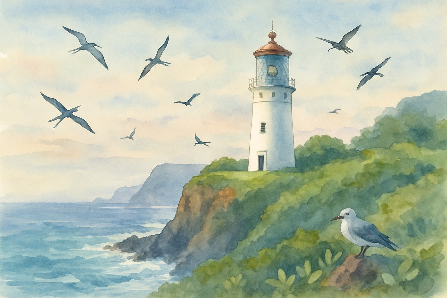 A coastal scene showing a lighthouse on rocky cliffs with seabirds flying nearby and the ocean in the background.