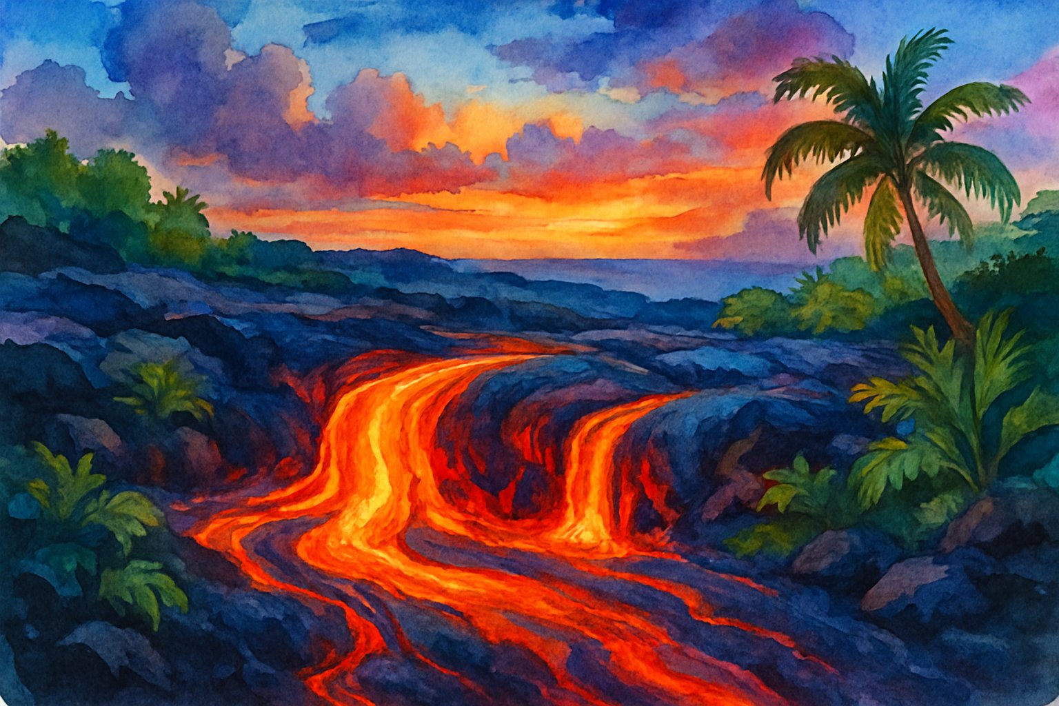A scene showing glowing lava flowing over volcanic rocks with green plants nearby and a colorful sky in the background.