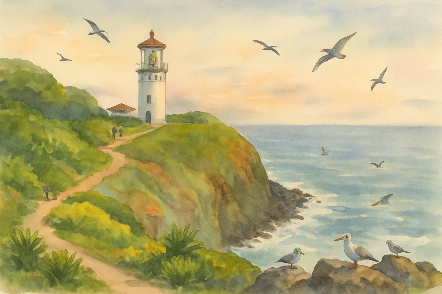 A lighthouse on a rocky cliff by the ocean surrounded by green plants and seabirds, with a walking path and people admiring the view.