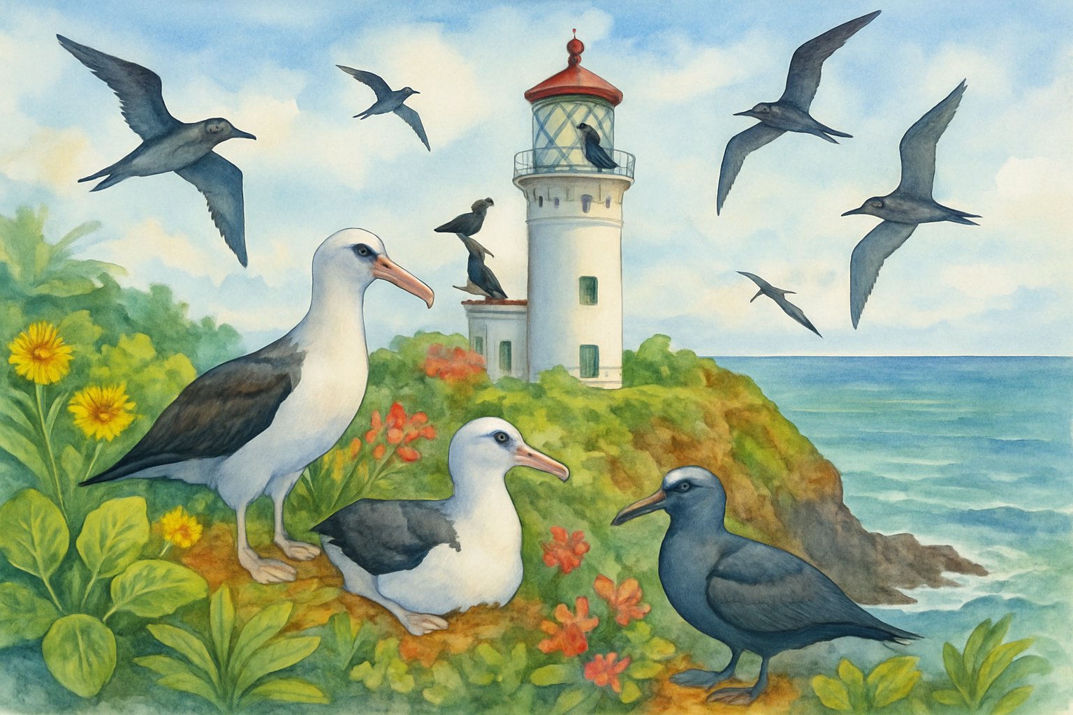 Birds gathered around a lighthouse on a rocky coastal area with ocean and vegetation in the background.