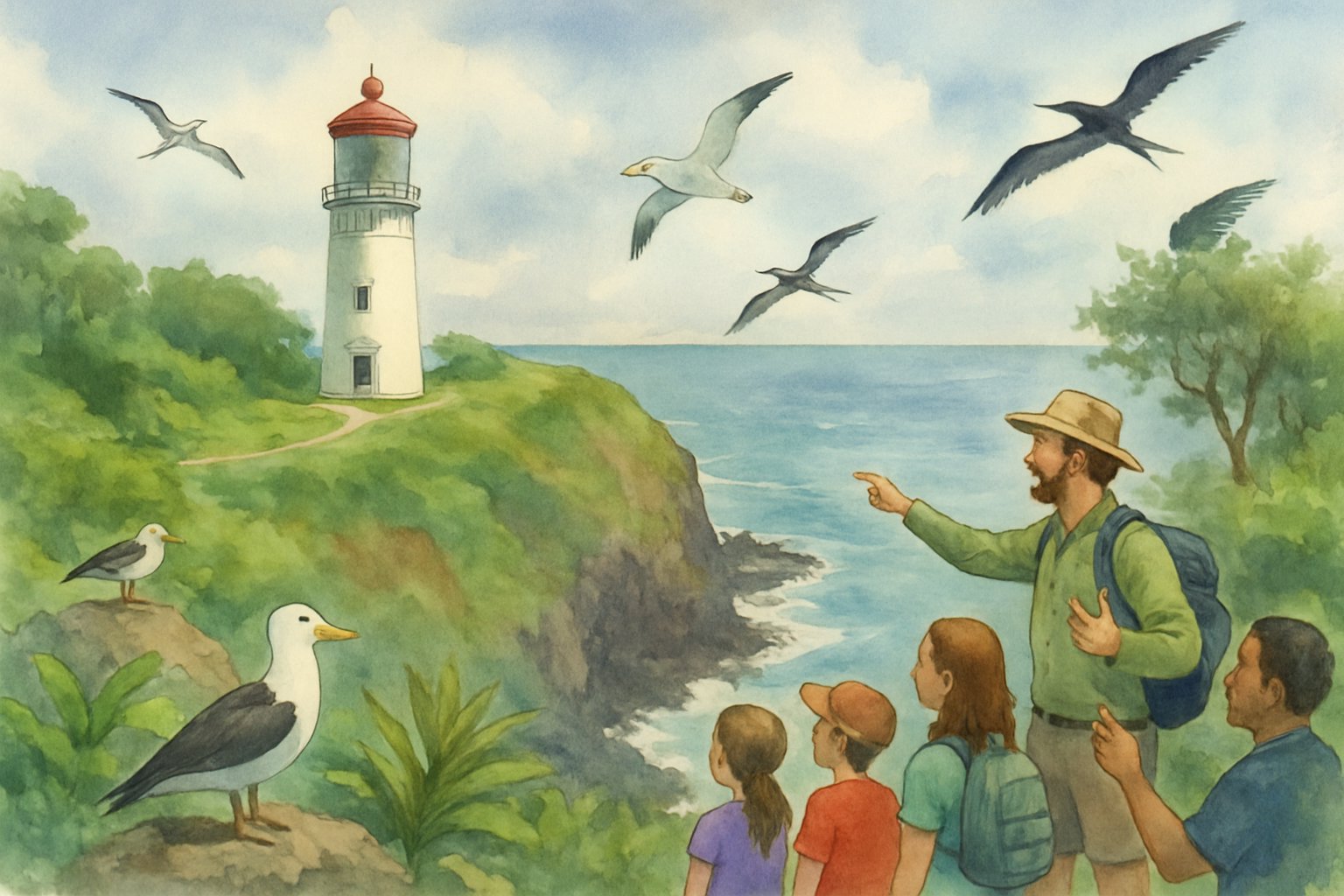 Visitors listening to a guide near the Kilauea Lighthouse on a cliff surrounded by greenery and seabirds by the ocean.