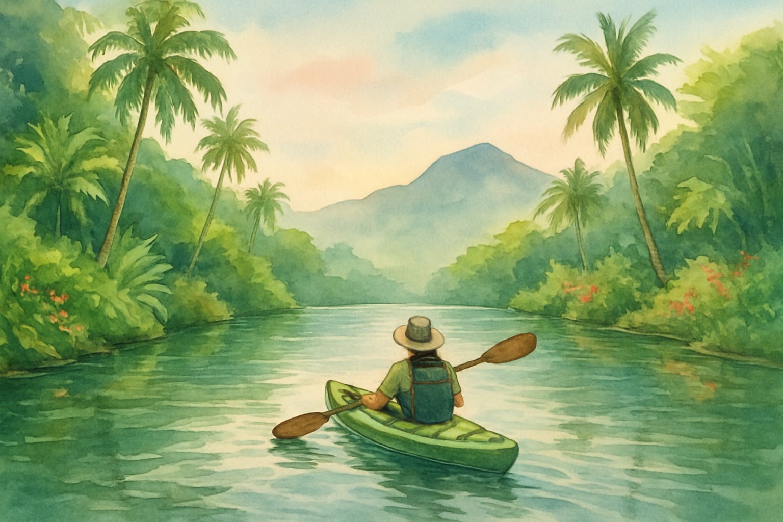 A person kayaking on a calm river surrounded by green trees and plants with mountains in the background.