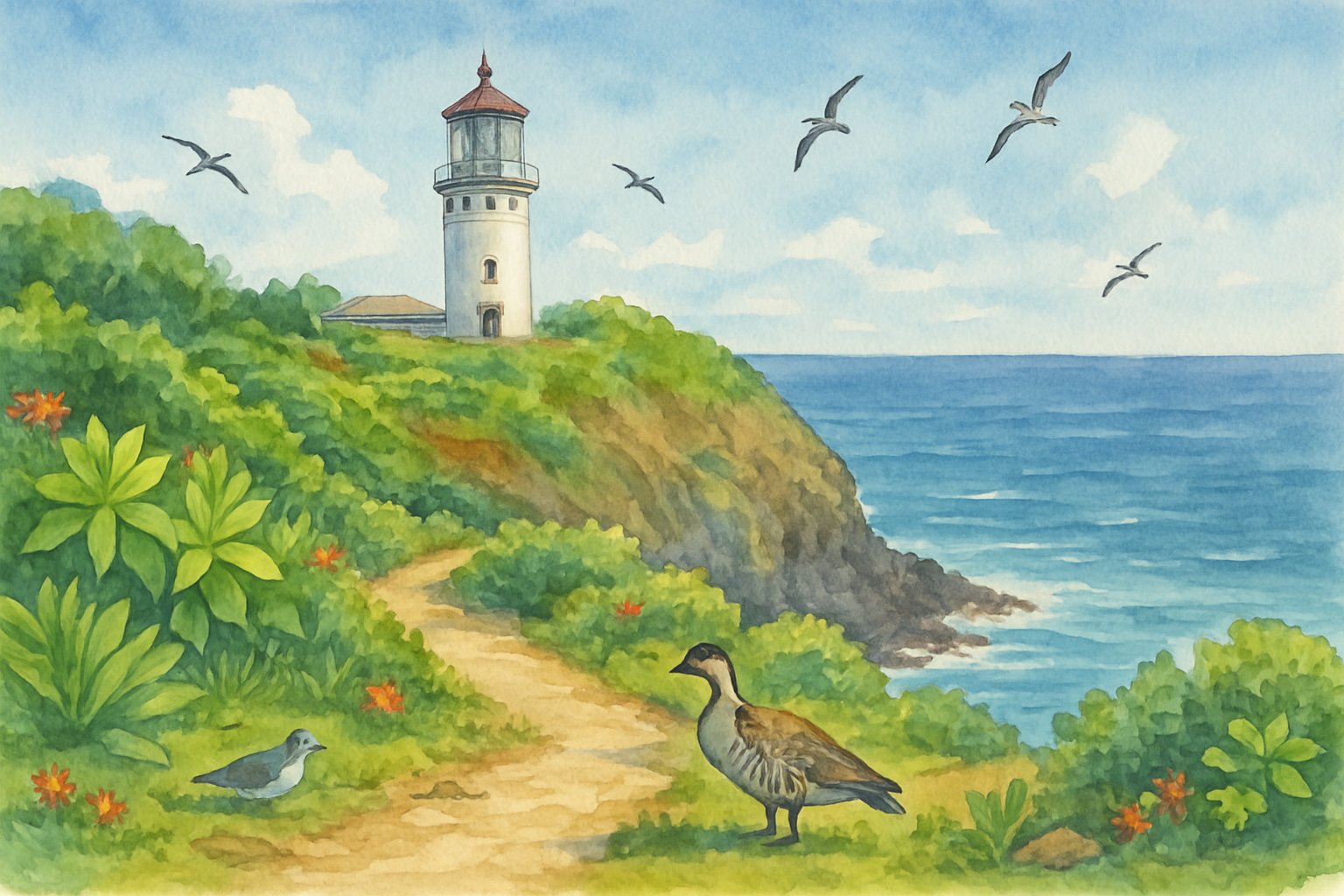 A lighthouse on a cliff by the ocean surrounded by green plants and birds flying in the sky, with a path leading through a coastal wildlife refuge.