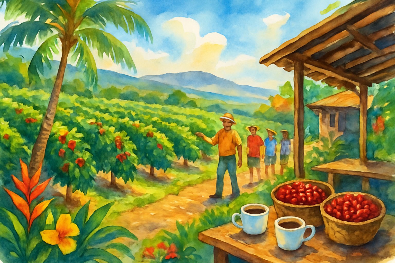 A coffee farm with green coffee plants, ripe red cherries, visitors walking along a path, a farmer, and a wooden tasting area surrounded by tropical plants.