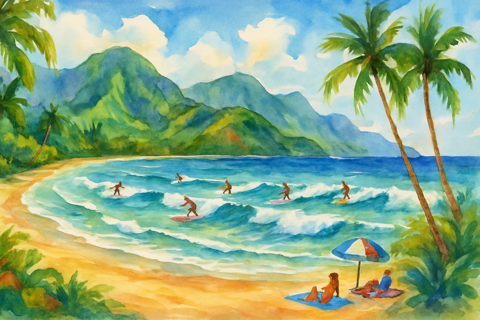 A beach scene at Hanalei Bay with surfers riding waves, palm trees, mountains in the background, and people relaxing on the sand.