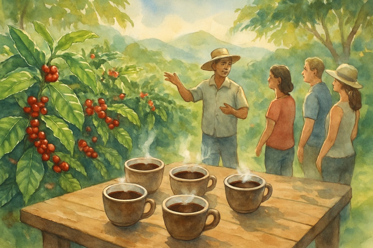 A group of people at a coffee farm surrounded by green coffee plants with red cherries, tasting coffee served on a wooden table outdoors.