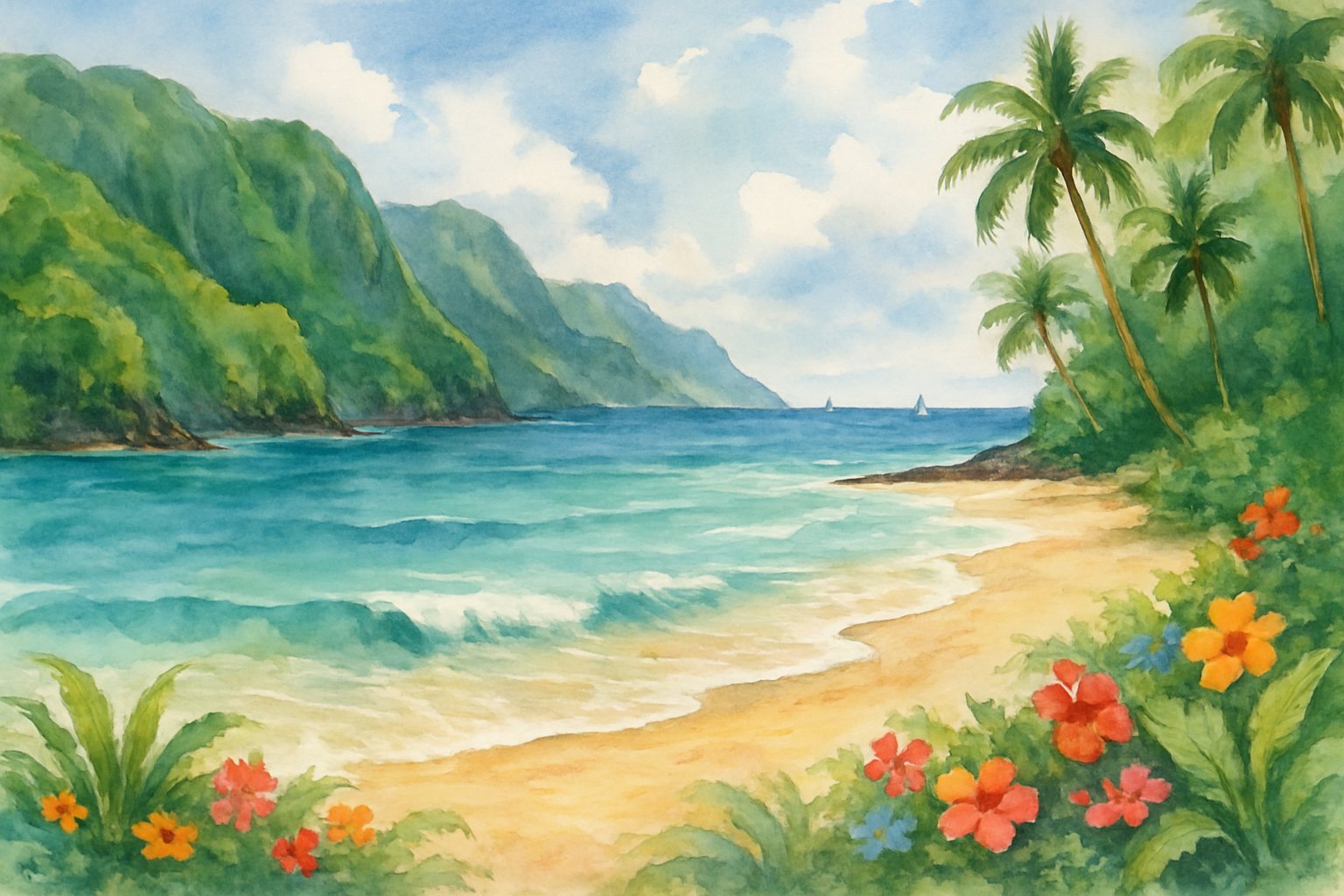 A secluded tropical beach with golden sand, clear turquoise water, green cliffs, and palm trees under a partly cloudy sky.