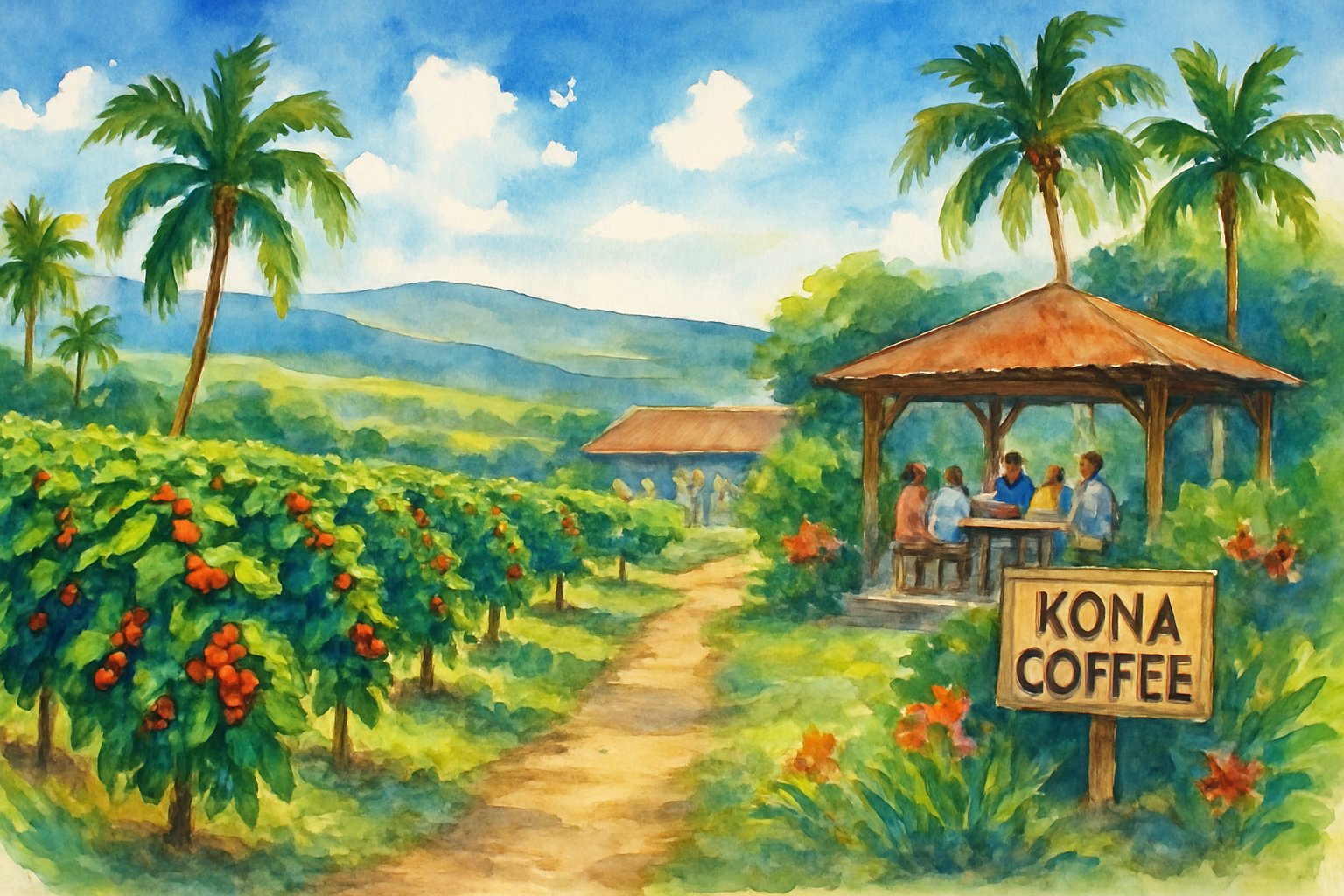 A sunny Kona coffee farm with green coffee plants, red cherries, palm trees, visitors on a tour, and a shaded pavilion.