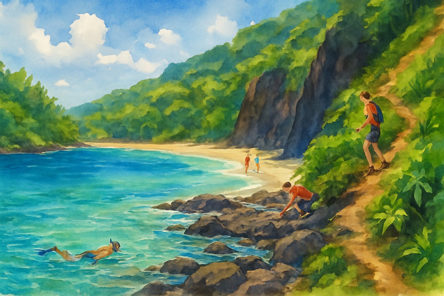 A hidden beach with clear turquoise water, white sand, green tropical plants, cliffs, and people snorkeling, hiking, and exploring tide pools.