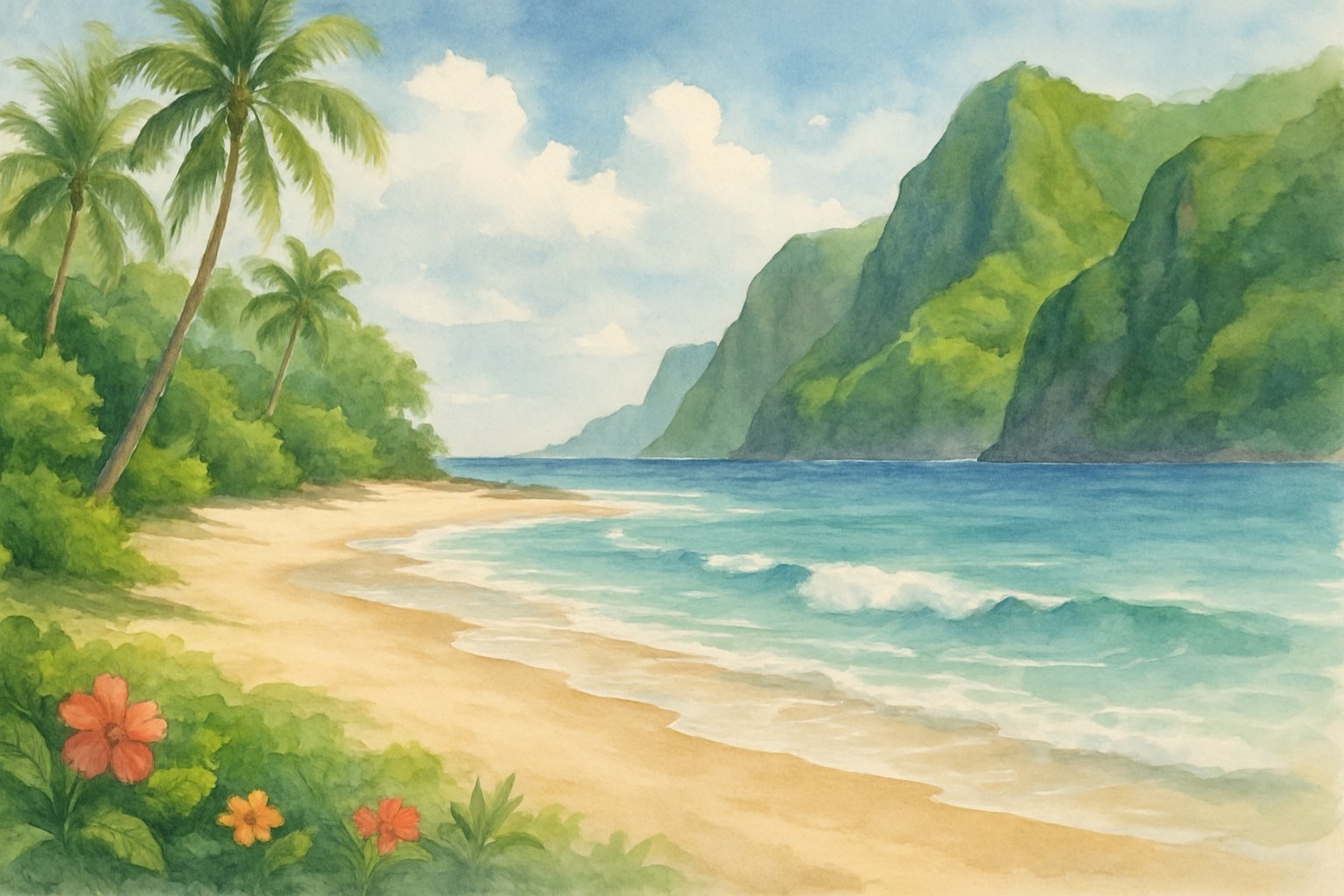 A quiet tropical beach with golden sand, clear blue water, palm trees, and green cliffs in the background.