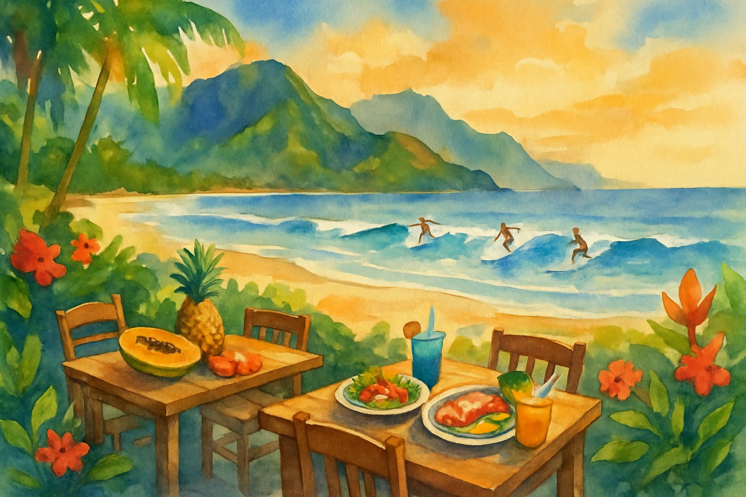 Outdoor dining area with tropical food near a beach where surfers ride waves, with green mountains and a partly cloudy sky in the background.