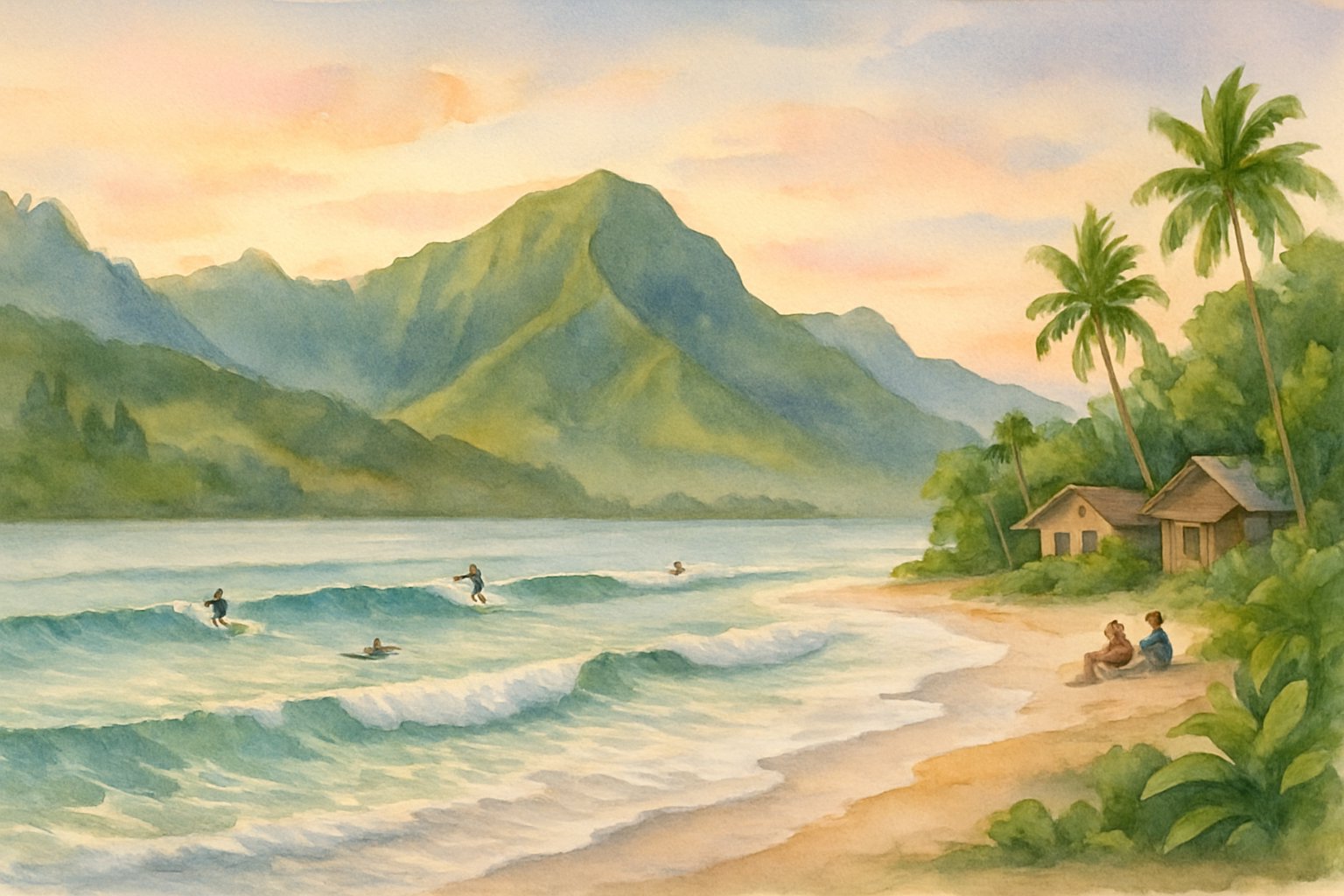 A peaceful beach scene with gentle waves, palm trees, mountains, surfers in the water, and beach cottages near the shore.