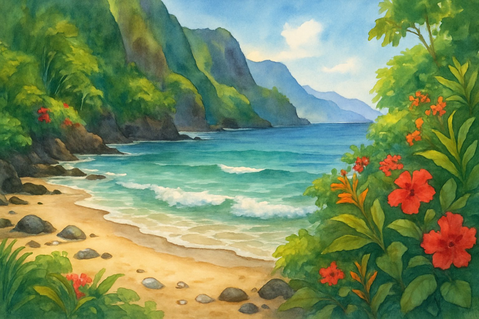 A peaceful beach cove with clear water, sandy shore, tropical plants, cliffs, and distant mountains under a blue sky.