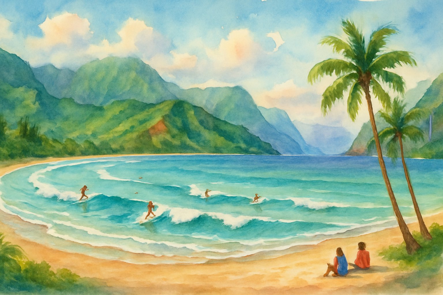 A beach scene with surfers riding waves and people relaxing on the shore, surrounded by green mountains and a partly cloudy sky.