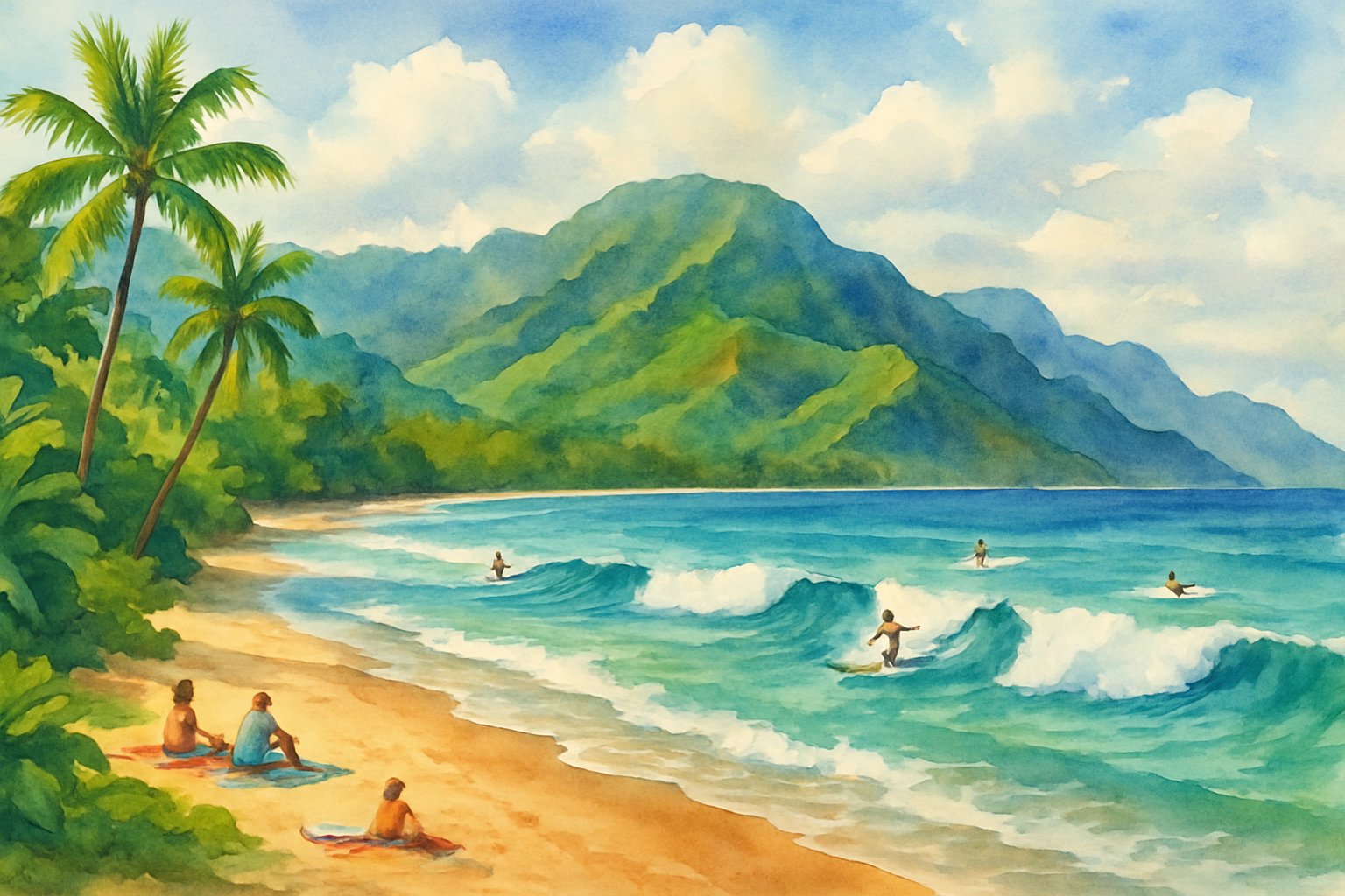 A beach scene at Hanalei Bay with surfers riding waves, people relaxing on the sand, palm trees, and mountains in the background.
