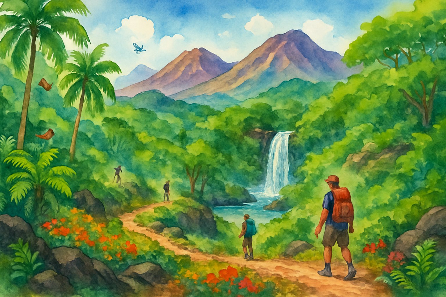 A scenic view of hiking trails winding through tropical forests, volcanic mountains, and a waterfall on the Big Island.