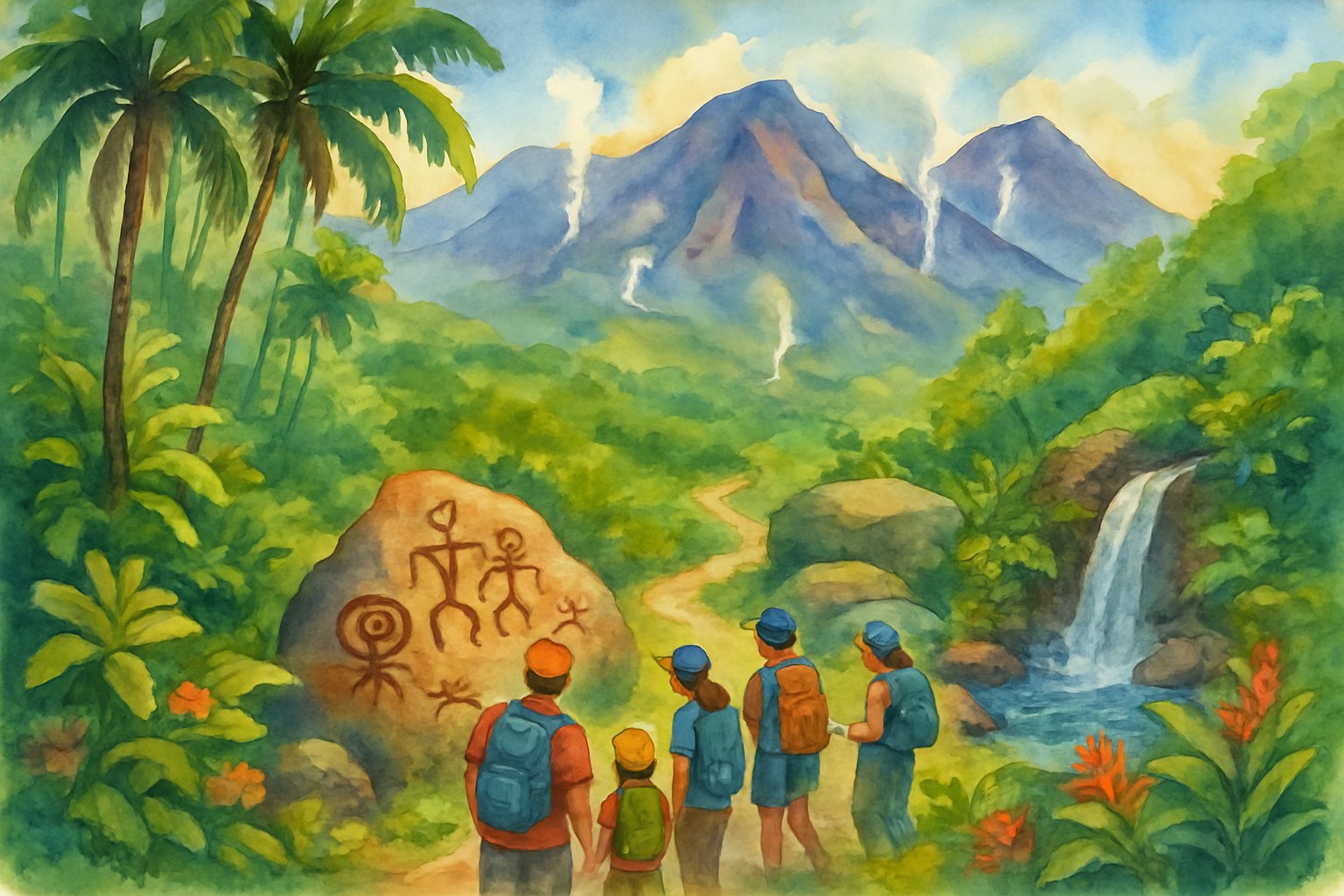 A hiking trail on the Big Island with tropical trees, volcanic mountains, hikers viewing ancient rock carvings, and a small waterfall surrounded by lush vegetation.