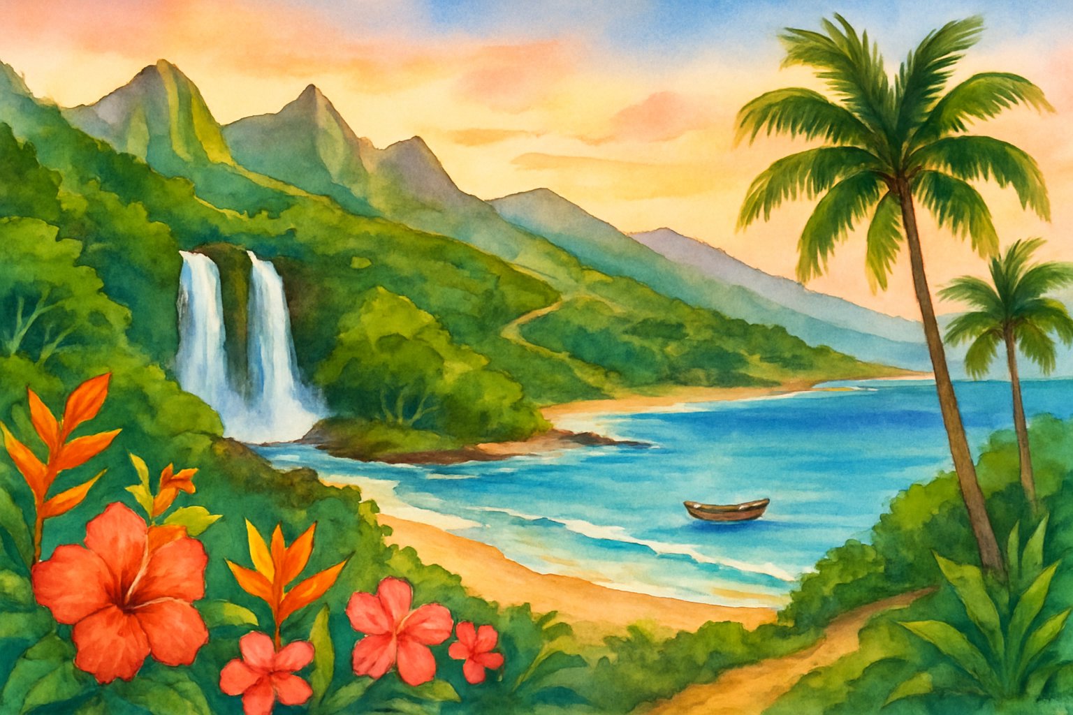 A tropical landscape with mountains, waterfalls, a sandy beach, palm trees, and a small boat near the shore under a colorful sky.
