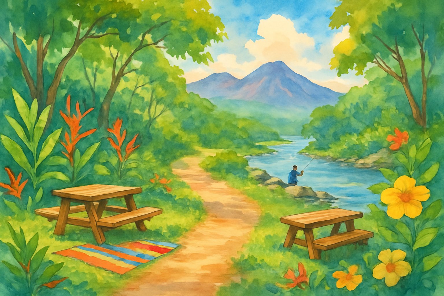 A peaceful hiking trail through a tropical forest with picnic spots and a person fishing by a clear river, surrounded by trees and mountains.