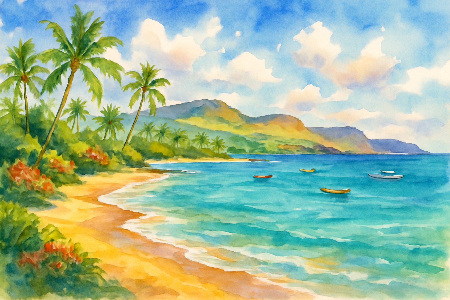 A peaceful beach with golden sand, turquoise water, palm trees, and distant hills under a partly cloudy sky.