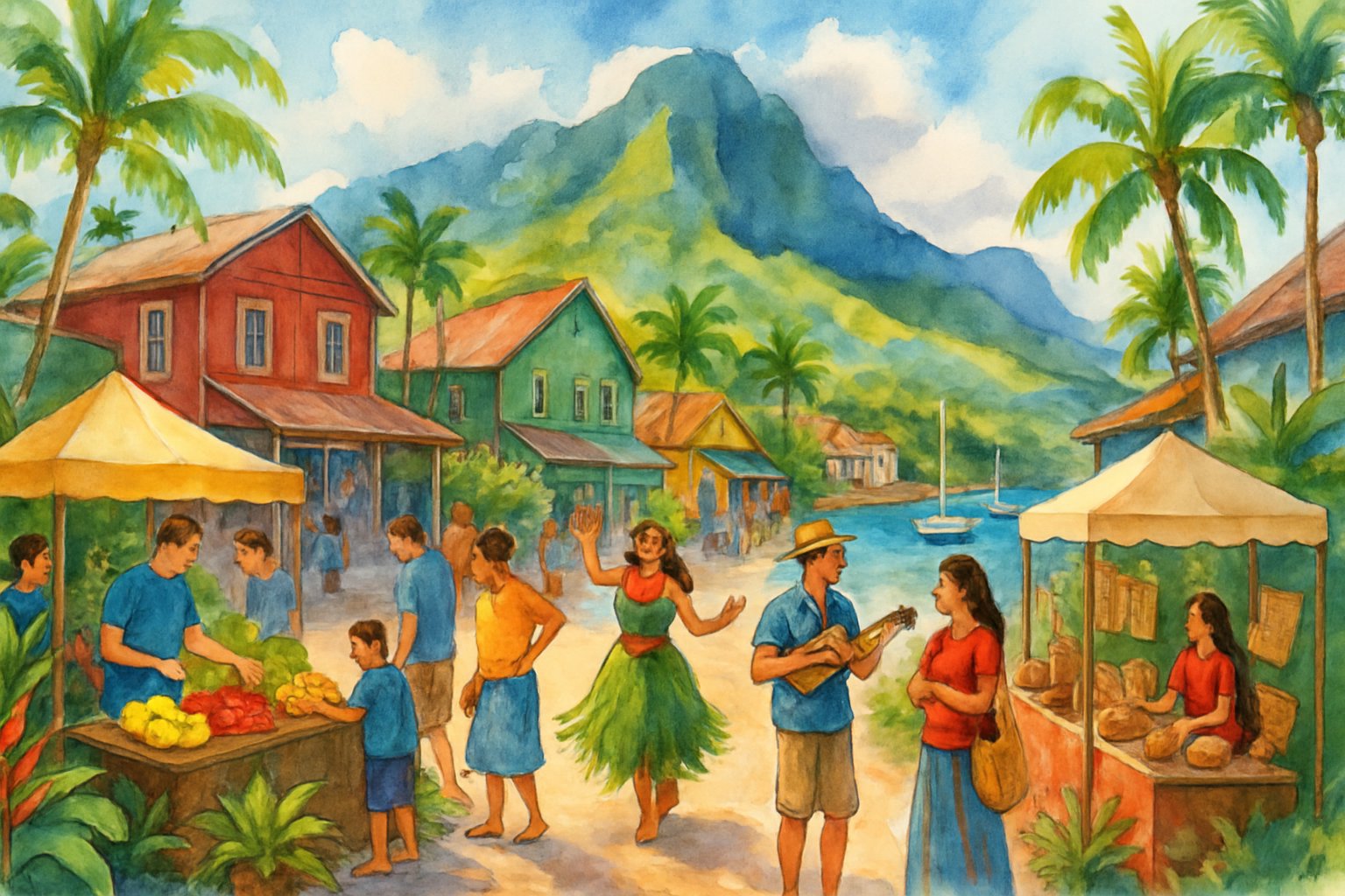 A coastal town with colorful buildings, a lively marketplace, boats in a harbor, mountains in the background, and people enjoying cultural activities outdoors.