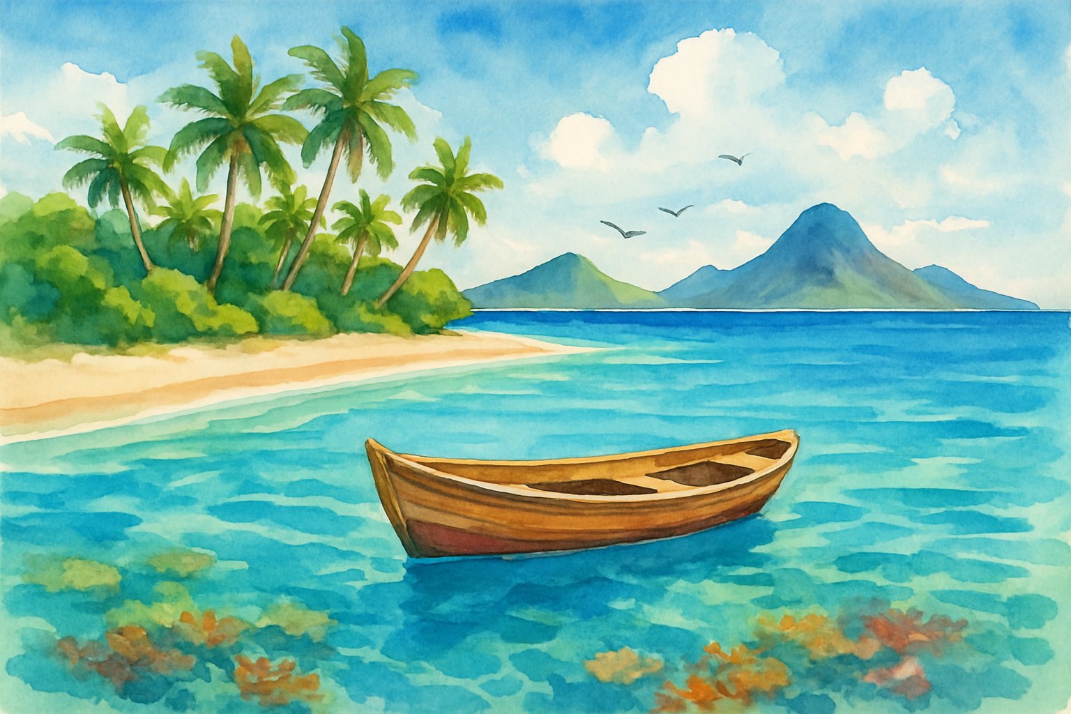 A tropical island beach with a small boat on clear blue water, palm trees along the shore, distant islands, and birds flying overhead.