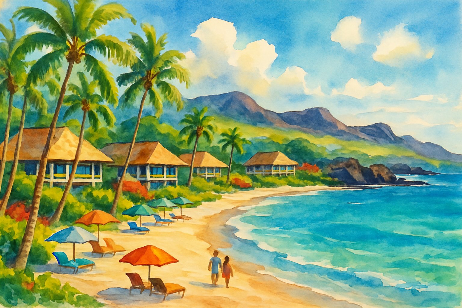 A peaceful beach with palm trees, clear blue water, beachfront resorts, and green hills in the background.