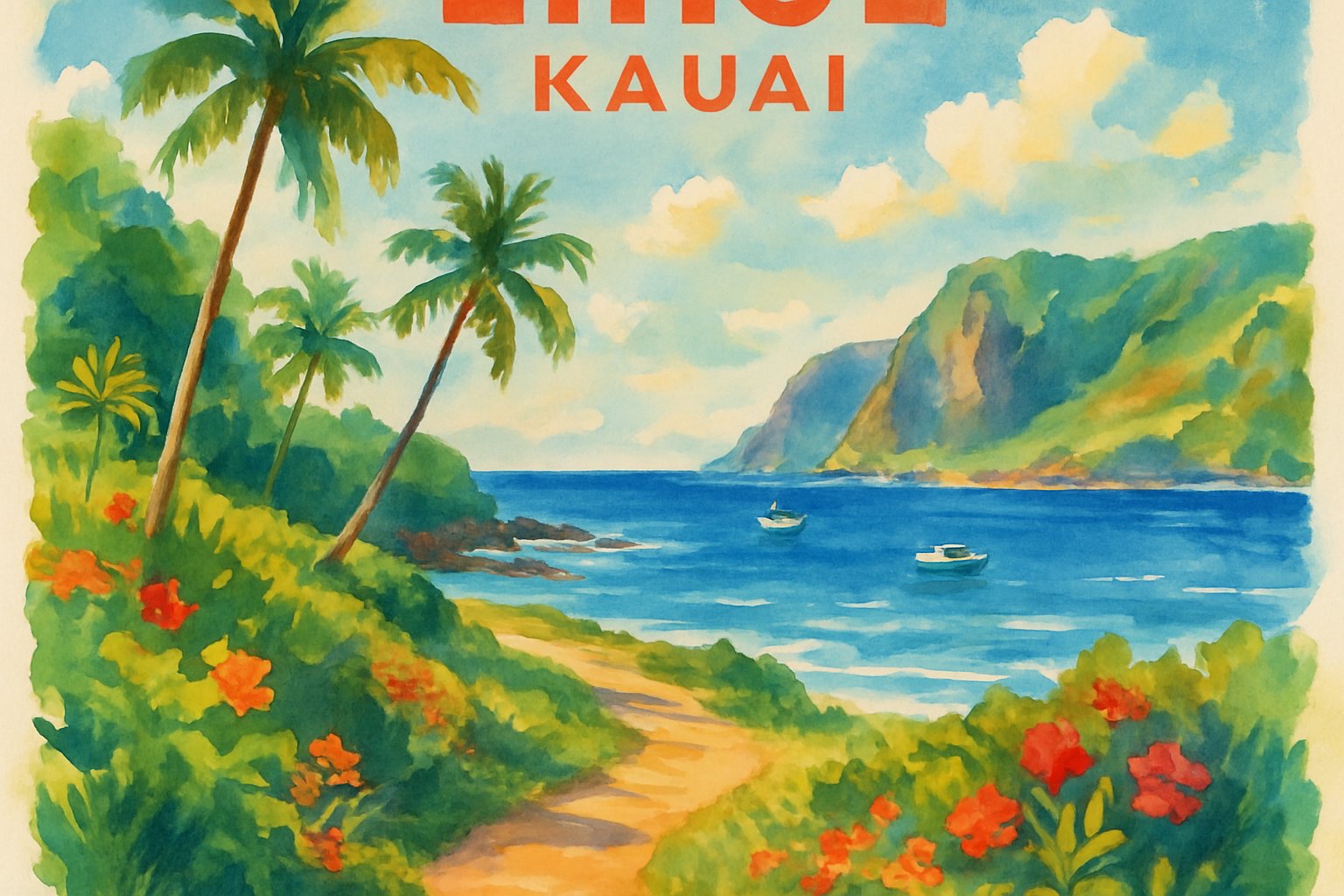 A tropical coastal landscape with palm trees, a winding path, rocky shores, boats on the ocean, and distant cliffs under a bright sky.