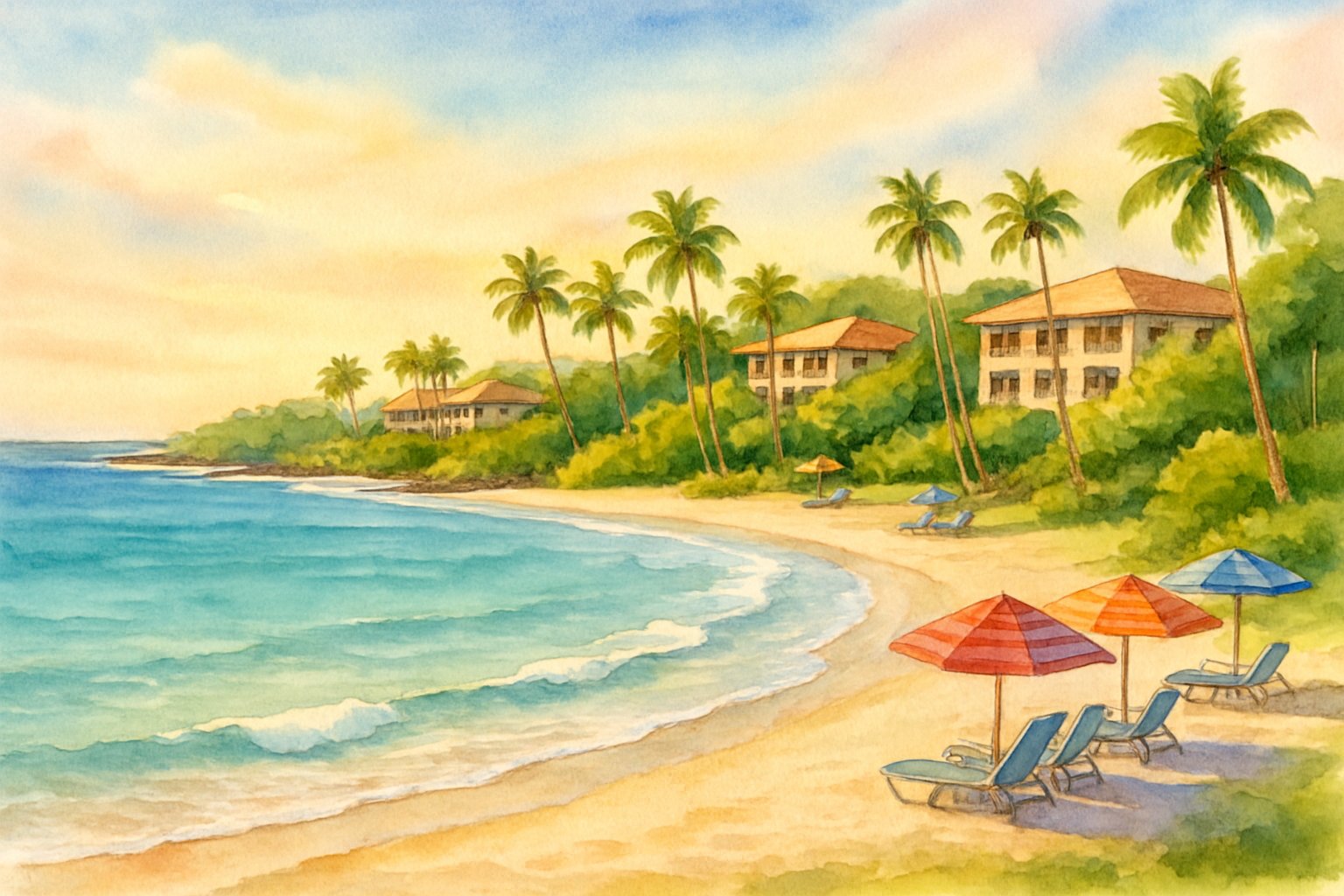 A peaceful beach scene with white sand, clear turquoise water, palm trees, and beachfront resorts along the Kohala Coast.
