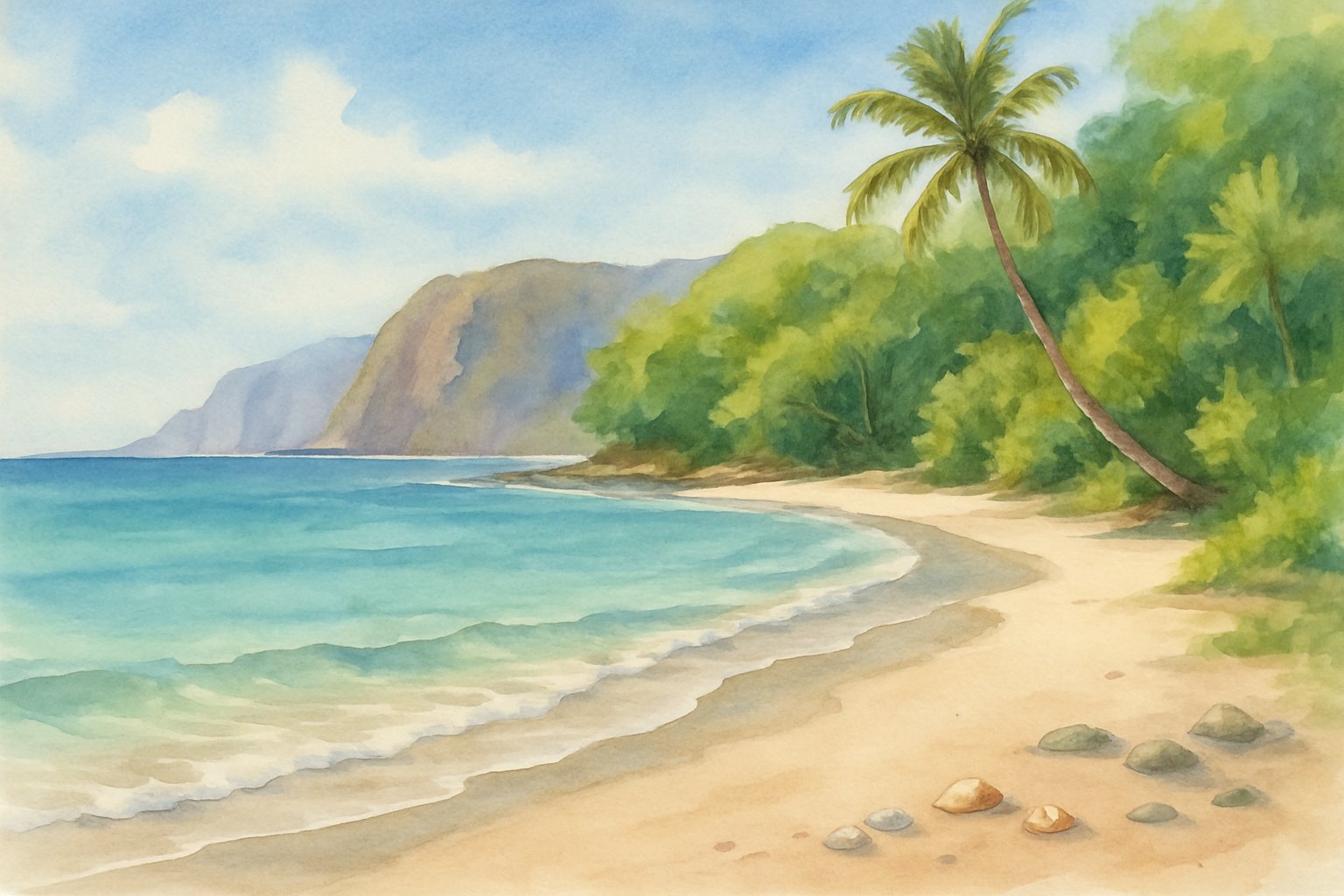 A quiet, empty beach with clear turquoise water, sandy shore, palm trees, and distant cliffs under a blue sky.