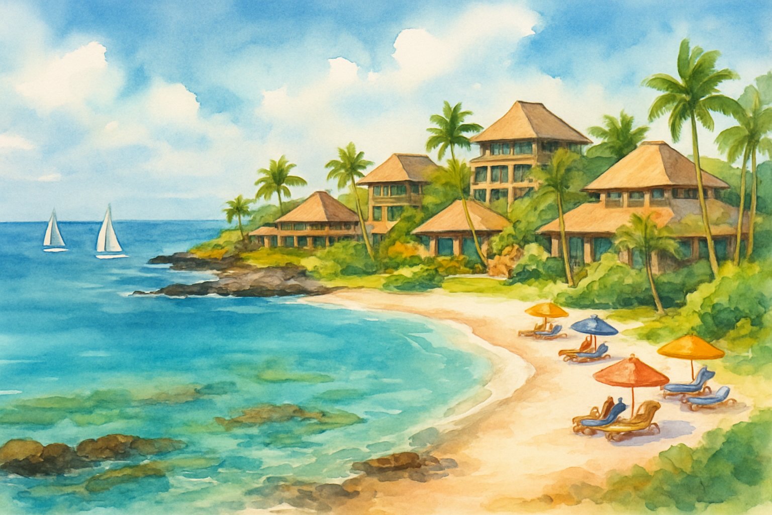 A coastal scene showing luxury resorts by white sandy beaches, clear blue ocean, palm trees, and sailboats on calm water.