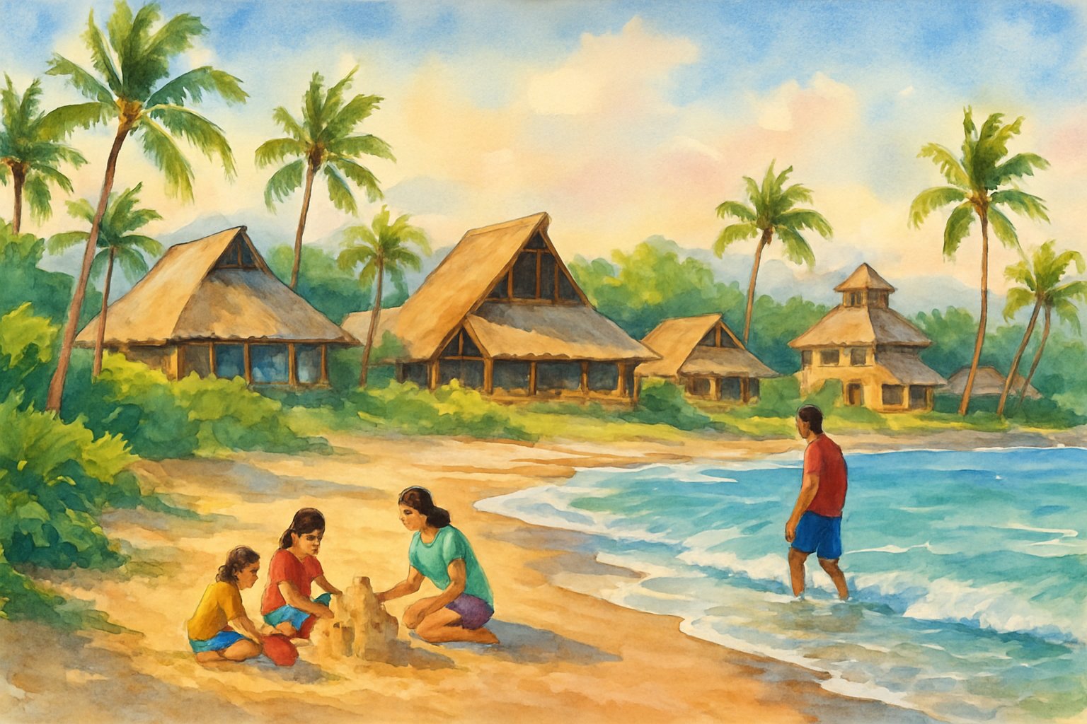 A family enjoying a beach with palm trees and tropical greenery near unique resort buildings along the Kohala Coast.