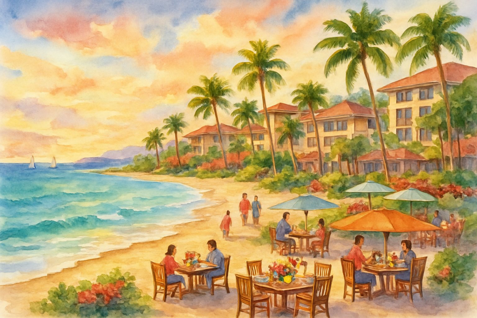 A beach with clear turquoise water, golden sand, palm trees, beachfront resorts, outdoor dining tables with people enjoying meals, and a colorful sunset sky.