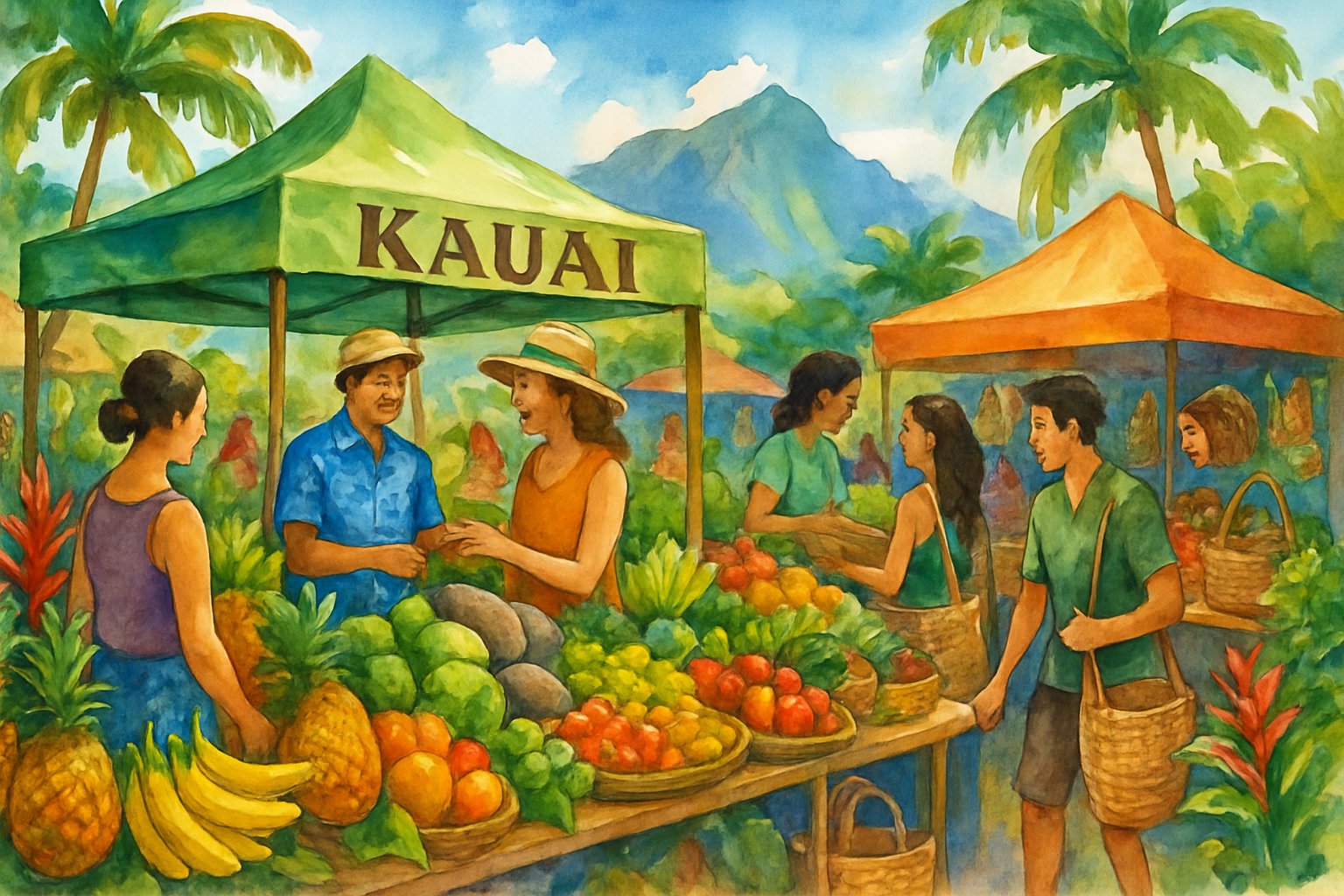 A busy farmers’ market in Kauai with colorful fruits, vegetables, vendors, shoppers, palm trees, and mountains in the background.