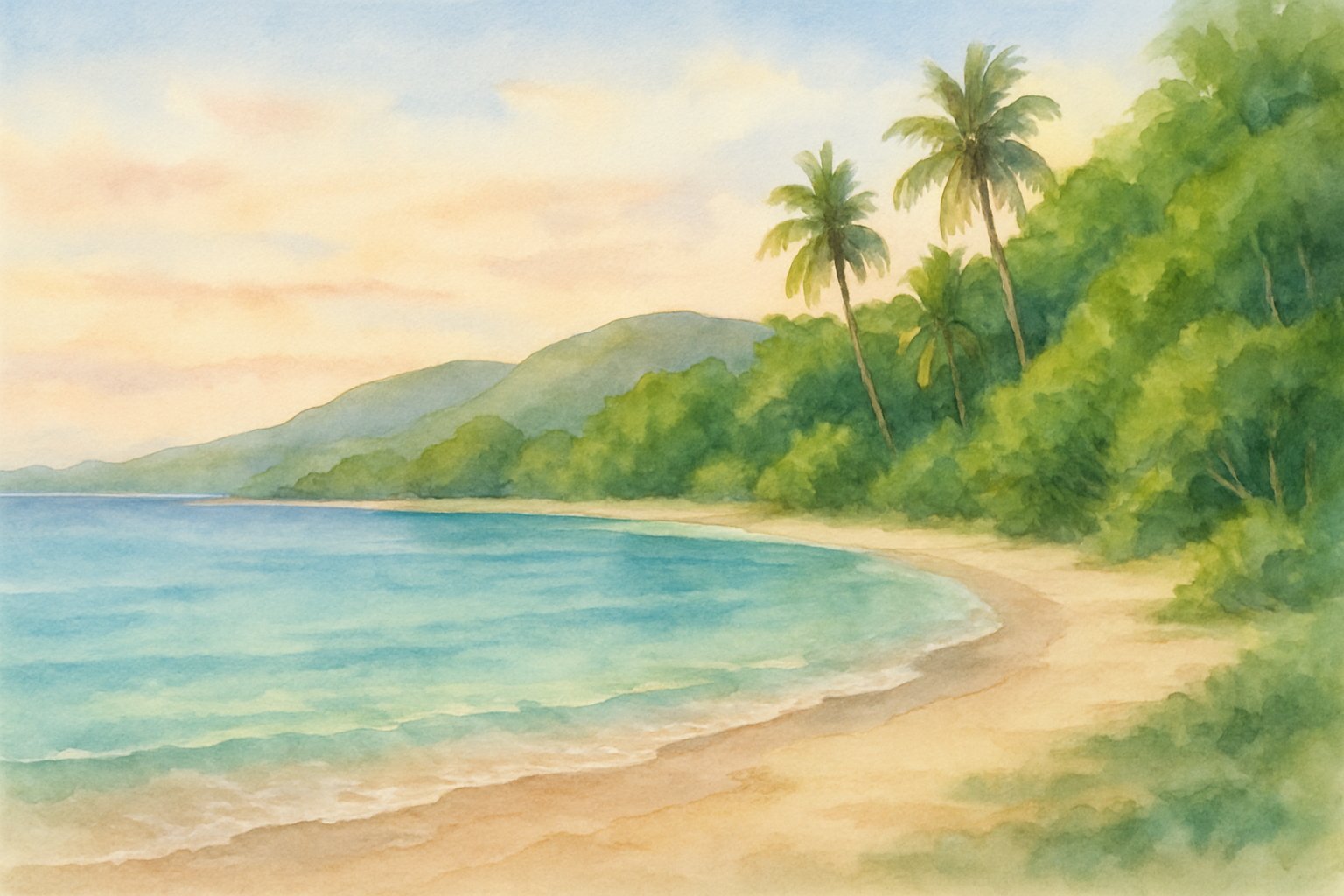 A quiet beach with clear turquoise water, sandy shore, green palm trees, and gentle hills in the background under a calm sky.