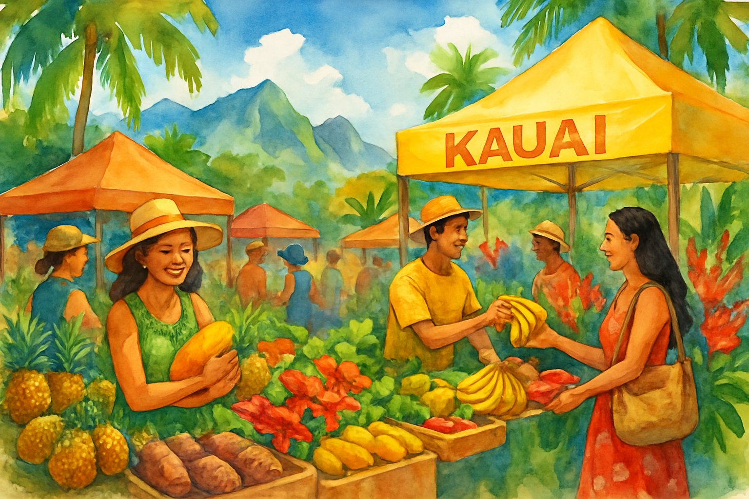 A lively outdoor market in Kauai with people buying fresh tropical fruits and vegetables surrounded by palm trees and mountains.