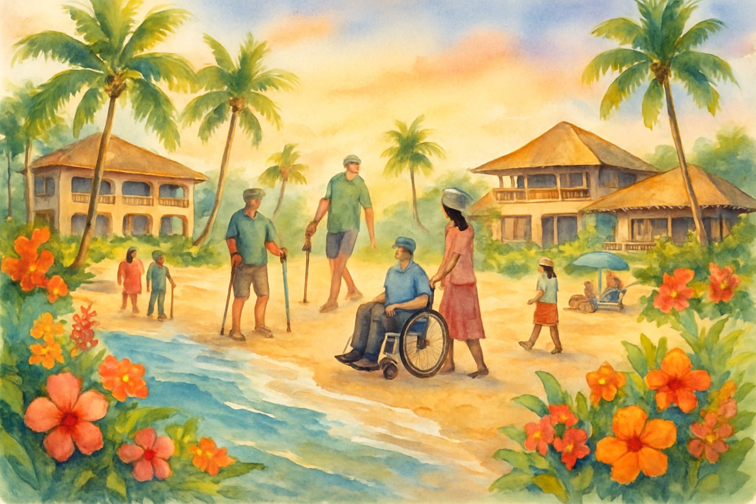 A peaceful beach scene on the Kohala Coast with palm trees, sandy shore, beachfront resorts, and people enjoying the area, including some using wheelchairs and walking aids.