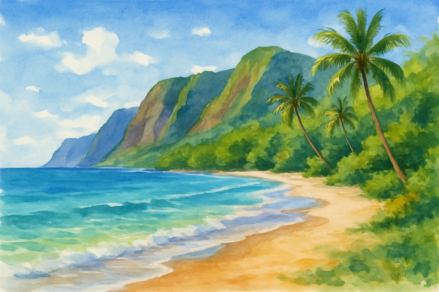 A quiet beach with golden sand, clear turquoise water, palm trees, and distant green cliffs under a blue sky.