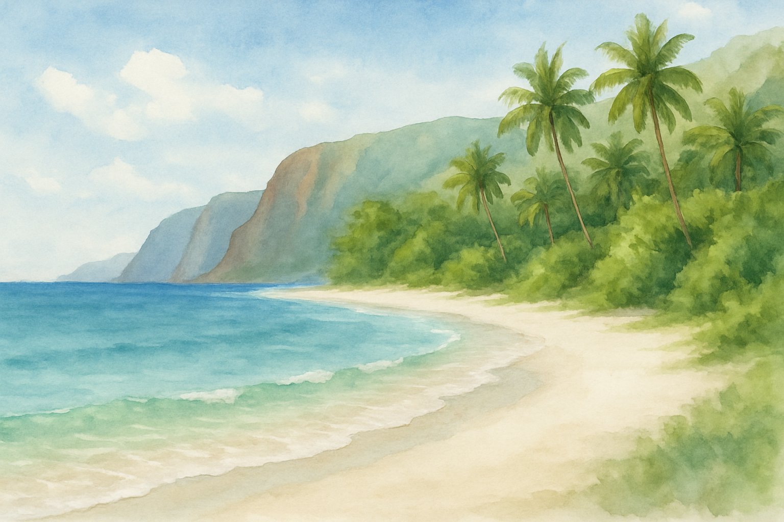 A quiet beach with white sand, turquoise water, palm trees, and distant rocky cliffs under a clear sky.