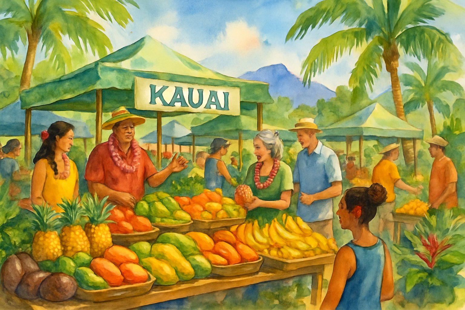 A lively outdoor farmers' market in Kauai with vendors and visitors surrounded by fresh tropical fruits and greenery.
