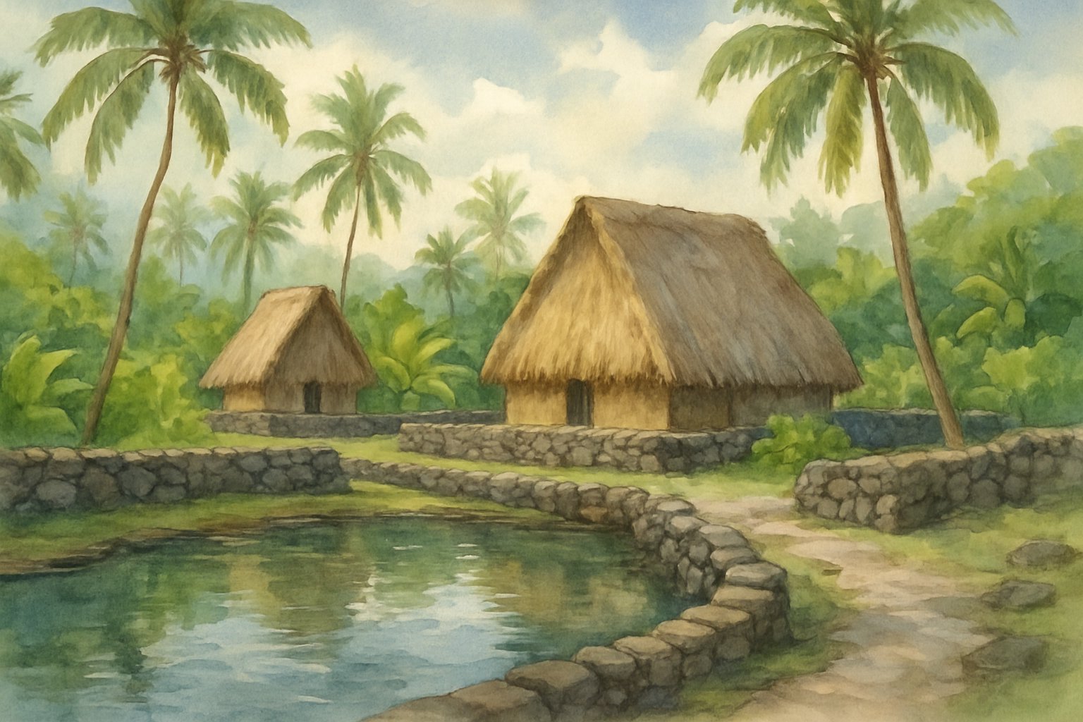 A peaceful scene at Pu’uhonua o Hōnaunau National Historical Park with traditional huts, stone walls, tropical trees, and a calm pond under a partly cloudy sky.