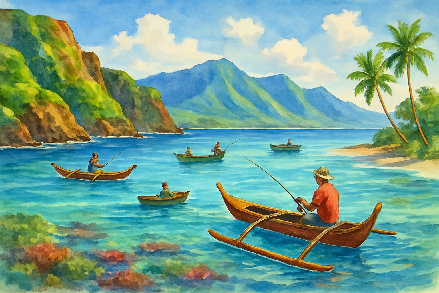 A peaceful coastal scene with fishermen in boats near green cliffs and clear blue ocean waters surrounded by mountains and palm trees.