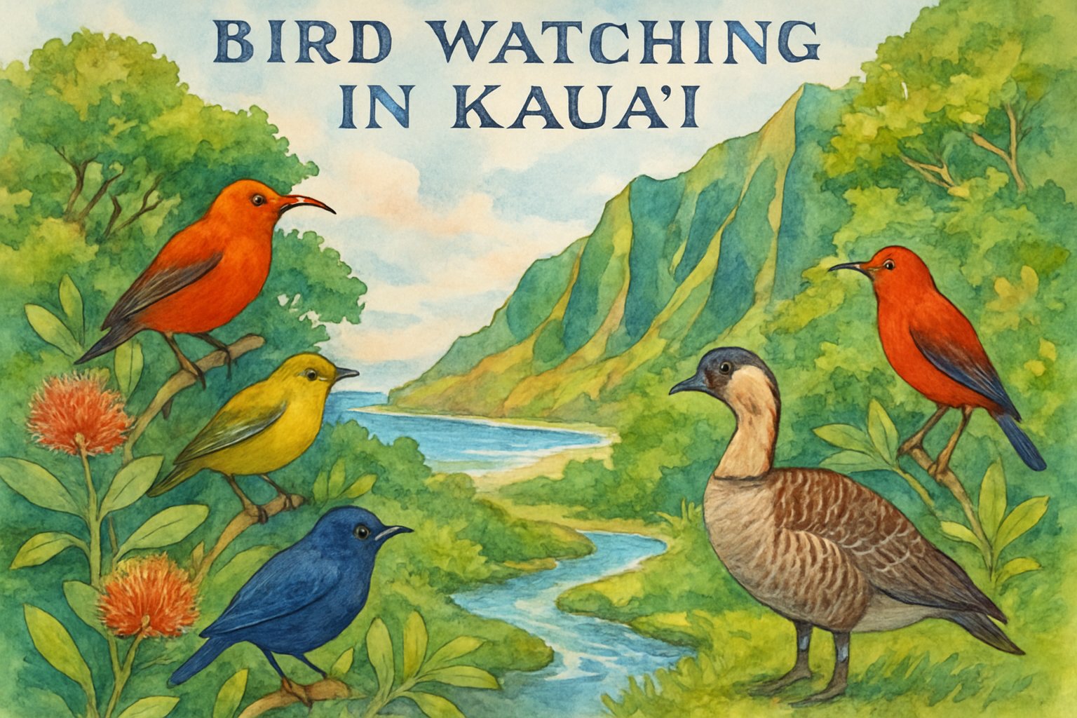 A peaceful tropical landscape with native Hawaiian birds perched on trees and plants near a stream, with green cliffs and the ocean in the background.