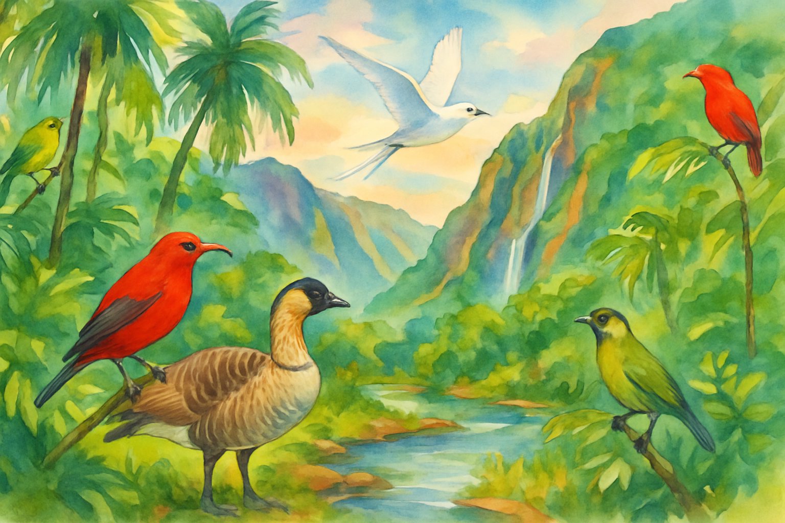 A tropical forest scene with native Hawaiian birds perched on trees and flying near a stream, surrounded by cliffs and waterfalls.